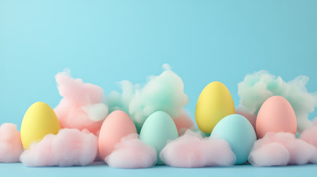 Delight in this vibrant display of colorful Easter eggs nestled among soft pastel cotton clouds, capturing the essence of springtime joy and festive decoration.の素材