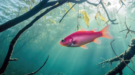 A striking pink fish gracefully swims through a serene underwater environment, illuminated by soft rays of sunlight filtering through the water, surrounded by lush aquatic plants.の素材