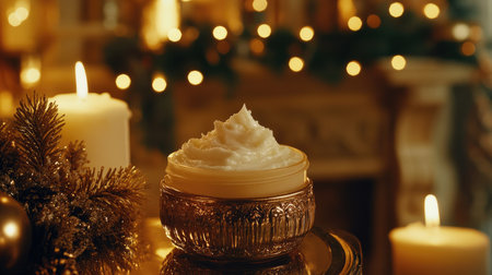 A beautiful cream jar captures the essence of the holiday season, surrounded by warm candlelight, creating a serene and inviting atmosphere perfect for relaxation.の素材
