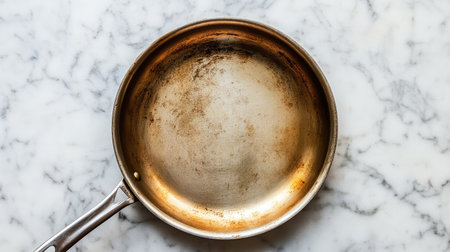 An empty stainless steel frying pan rests on a marble background, showcasing the subtle textures and warm tones. Perfect for culinary themes and kitchen settings.の素材