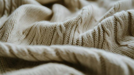 A close-up view of cozy beige knitted fabric showcasing intricate textures and patterns, perfect for design projects or fashion applications. Ideal for warmth and comfort.の素材