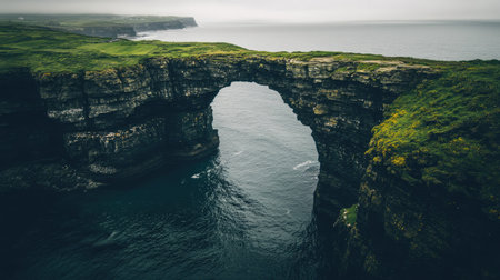 Captivating view of a natural rock arch soaring above calm ocean waters. Lush green cliffs create a tranquil landscape perfect for nature lovers and photography.の素材