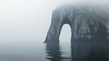 This captivating image features a majestic arch rock formation rising from calm waters, enveloped in soft fog, creating a serene coastal scene.の素材