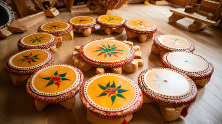A stunning arrangement of colorful traditional drums, showcasing intricate designs and craftsmanship. Perfect for cultural events or musical performances.の素材