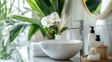 A modern bathroom scene featuring a stylish white bowl sink paired with elegant decor and lush greenery. Perfect for showcasing relaxation and serenity.の素材