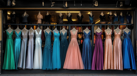 A stunning display of elegant evening dresses in vibrant colors and luxurious materials showcased in a boutique window, perfect for formal occasions and celebrations.の素材