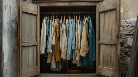 A charming vintage wooden closet showcasing an assortment of colorful shirts. This image captures the beauty of simplicity and rustic design, perfect for home decor inspiration.の素材