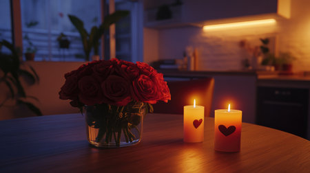 A beautiful arrangement of roses alongside glowing candles creates a romantic atmosphere in a cozy kitchen. Ideal for capturing warmth and intimacy.の素材