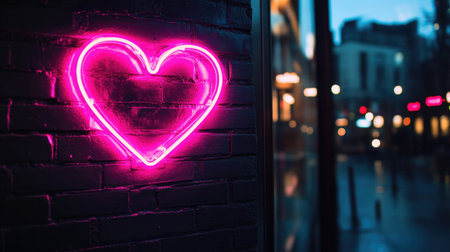 Vibrant neon heart sign glowing on a brick wall, set against a soft urban evening backdrop. Perfect for themes of love, nightlife, and modern aesthetics.の素材