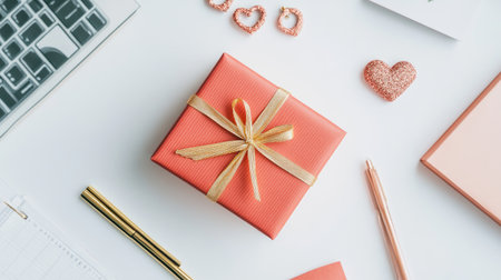 A beautiful pink gift box adorned with a golden ribbon, surrounded by stationery and decorative items on a workspace, perfect for celebrations and gifting.の素材