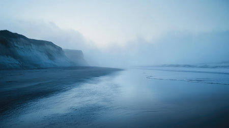 A tranquil coastal landscape at dusk, featuring soft fog enveloping the shoreline. Gentle waves reflect serene blue hues, creating a peaceful atmosphere.の素材