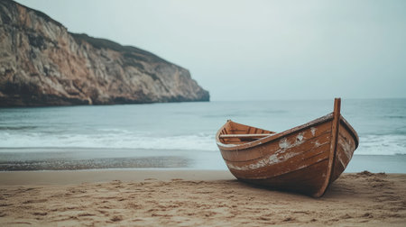 A serene landscape featuring a wooden boat resting on a sandy beach, with gentle waves lapping at the shore. Perfect for conveying tranquility and leisure.の素材