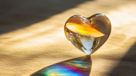 A stunning crystal heart captures light, creating colorful reflections on a soft surface, perfect for romantic themes and elegant decor inspirations.の素材