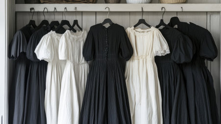 A stylish collection of black and white vintage dresses elegantly displayed on hangers in a modern wardrobe, showcasing design and fabric textures.の素材