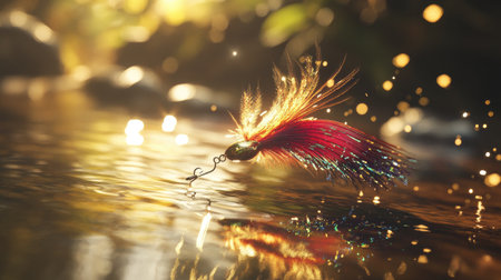 A captivating close-up of a vibrant fishing lure, delicately floating on sunlit water. The shimmering reflections create a mesmerizing atmosphere, ideal for fishing enthusiasts.の素材