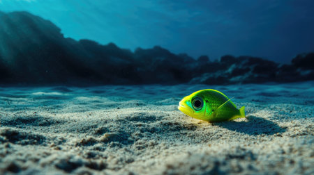 A vibrant green fish rests on the sandy ocean floor, surrounded by serene blue waters. Sunlight filters down, enhancing the tranquil underwater scene.の素材