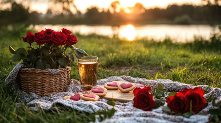 A cozy picnic scene featuring heart-shaped cookies, vibrant roses, and a refreshing drink by a serene lake during sunset. Perfect for romantic moments.の素材