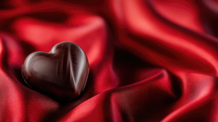 A heart-shaped chocolate sits elegantly on luxurious red fabric, creating a romantic atmosphere perfect for special occasions. Ideal for Valentine's Day or celebrations of love.の素材