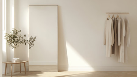 A serene minimalist interior featuring a large mirror and hanging clothes, bathed in natural light. The scene evokes tranquility and modern elegance, ideal for decor inspiration.の素材