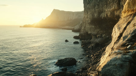 This stunning coastal scene captures the soft glow of a sunset illuminating rugged cliffs and gentle waves, offering a tranquil escape into nature's beauty.の素材