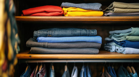 This image features a well-organized arrangement of colorful clothing on wooden shelves, showcasing a modern and tidy closet.の素材
