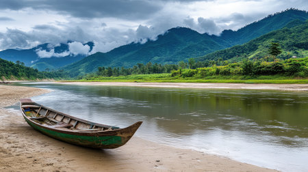 A tranquil river scene featuring a traditional boat resting on the sandy shore, surrounded by lush green mountains and dramatic clouds, ideal for nature lovers.の素材