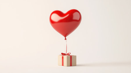 A vibrant red heart-shaped balloon hovers gracefully above a beautifully wrapped gift box with a bow, symbolizing love and celebration. Perfect for romantic themes.の素材