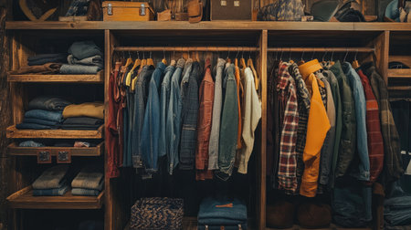 A cozy wooden closet showcases an organized clothing rack filled with a variety of casual outfits, including jeans, shirts, and jackets, creating a warm and inviting atmosphere.の素材