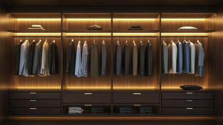 Discover an elegant modern closet showcasing organized clothing with stylish lighting. This sleek design highlights fashion storage solutions for a sophisticated home.の素材