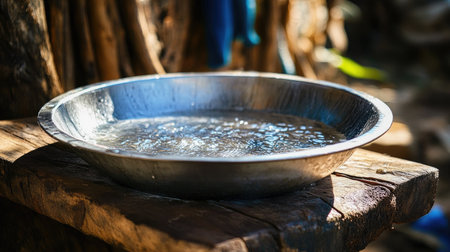 A close-up of a water surface reflecting light in a metal bowl placed on a rustic wooden table, showcasing the beauty of simplicity and nature.の素材