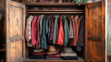 A beautifully organized wooden closet showcasing a variety of colorful jackets and stylish hats, creating a warm and inviting atmosphere perfect for seasonal changes.の素材