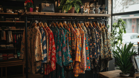 A vibrant assortment of colorful casual shirts showcased on a stylish rack in a trendy boutique. The diverse patterns and colors create an inviting shopping atmosphere.の素材