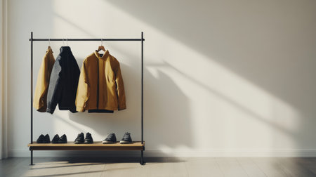 A minimalist display featuring jackets on a sleek rack and stylish shoes below. The soft sunlight creates a warm ambiance in the modern interior space.の素材
