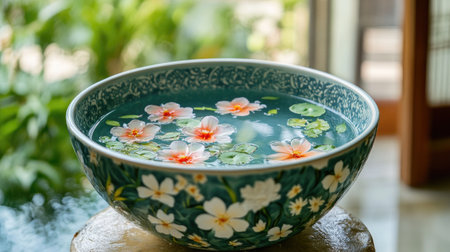 A serene bowl filled with delicate water lilies, showcasing vibrant flowers amidst lush greenery, perfect for evoking a sense of calm and tranquility.の素材