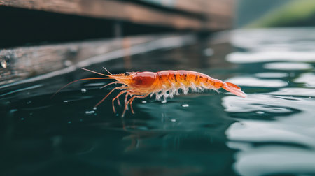 A vivid close-up of a shrimp swimming gracefully in clear water, capturing its delicate features and serene environment near a wooden dock. Ideal for nature enthusiasts.の素材