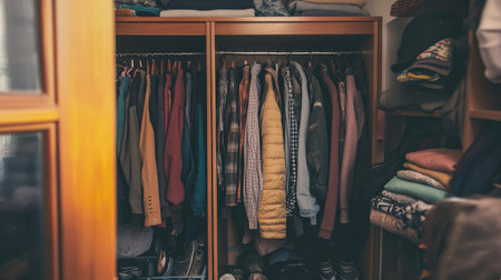 A well-organized wardrobe showcasing a variety of clothing items, hung and folded neatly on wooden shelves, ideal for conveying storage and fashion concepts.の素材