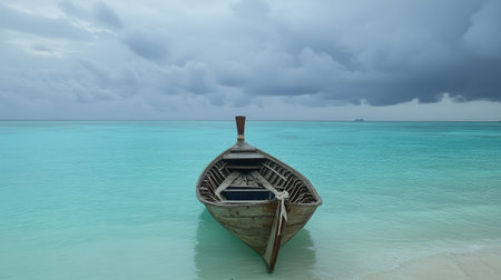 A serene wooden boat rests peacefully on the tranquil turquoise waters, framed by a dramatic cloudy sky. This picturesque scene invites relaxation and adventure.の素材