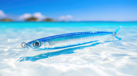 A vibrant fishing lure rests on the clear water surface under a bright blue sky, capturing the essence of tropical adventure and outdoor serenity.の素材