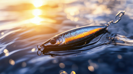 A colorful fishing lure floats gracefully on the water surface during a serene sunset, creating beautiful reflections. Ideal for fishing enthusiasts.の素材