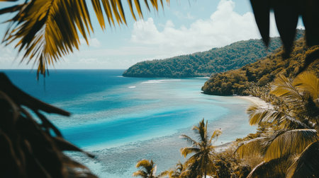 A stunning view of a tropical beach featuring clear turquoise water, vibrant palm trees, and lush greenery. Perfect for relaxation and nature lovers.の素材