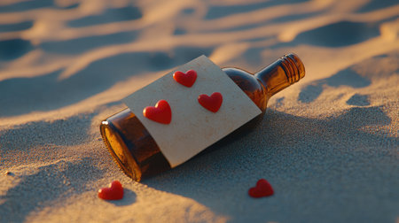 A romantic scene featuring a glass bottle with a heartfelt message wrapped in paper, adorned with red hearts, resting elegantly on soft beach sand during sunset.の素材