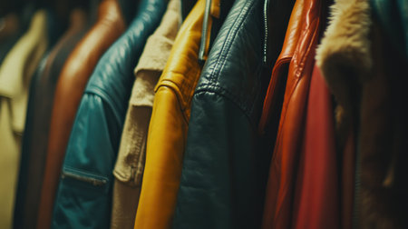 A vibrant collection of leather jackets displayed in a stylish wardrobe, showcasing the variety and texture of each piece. Perfect for fashion enthusiasts.の素材
