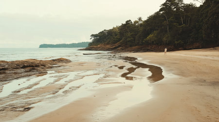 A serene beach scene showcasing a rocky shoreline, calm waters, and a solitary figure walking along the shore, surrounded by lush greenery and tranquility.の素材