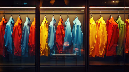 This image showcases a vibrant collection of colorful dress shirts hanging neatly in a contemporary retail environment, highlighting bright hues and modern design.の素材