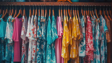 A vibrant display of colorful Hawaiian shirts hanging in a boutique. The summer fashion features various patterns and styles, perfect for casual outings or vacations.の素材