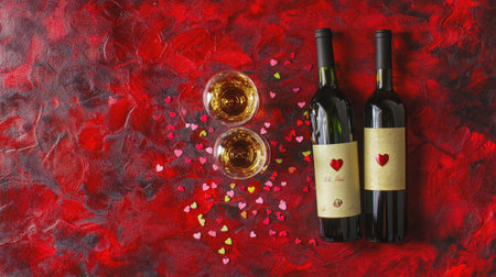 A visually appealing setup featuring two wine bottles and glasses, adorned with heart shapes, perfect for romantic celebrations and special occasions.の素材