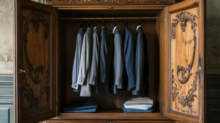 A sophisticated wooden wardrobe displaying a collection of tailored suits alongside neatly folded pants, showcasing elegance and organized fashion.の素材