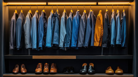 A modern wardrobe featuring a stylish arrangement of shirts and shoes showcases a variety of colors and styles, emphasizing organization and aesthetics in fashion.の素材