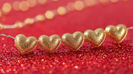 A stunning close-up of sparkling golden hearts adorning a vibrant red glitter background, perfect for celebrating love and special occasions with a festive touch.の素材