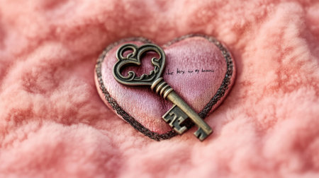 A vintage heart-shaped key rests atop a soft pink fabric background, evoking feelings of romance and nostalgia. The key symbolizes love and affection, enhancing any decorative theme.の素材